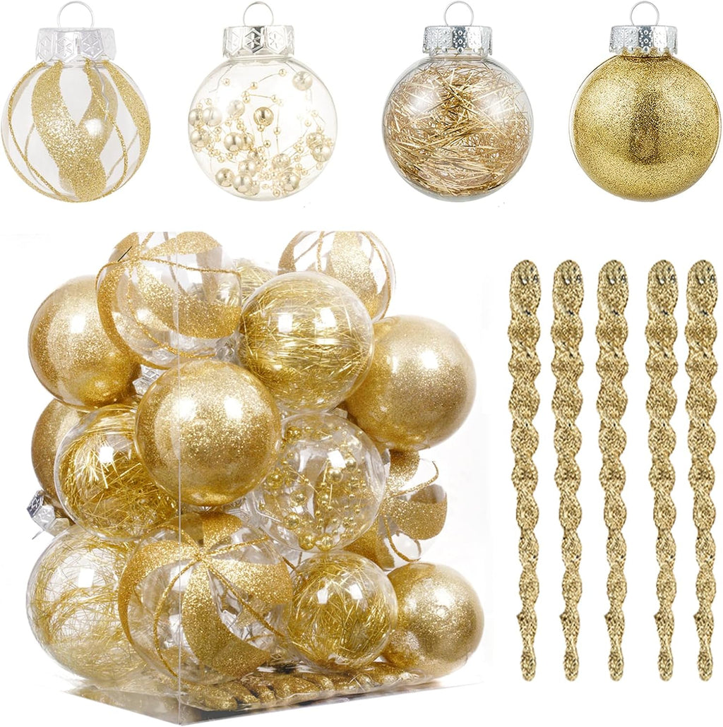 XmasExp 32ct Christmas Ball Ornaments Set -Gold Clear Plastic Shatterproof Xmas Tree Ball Decorations Hanging Baubles for Holiday Decor