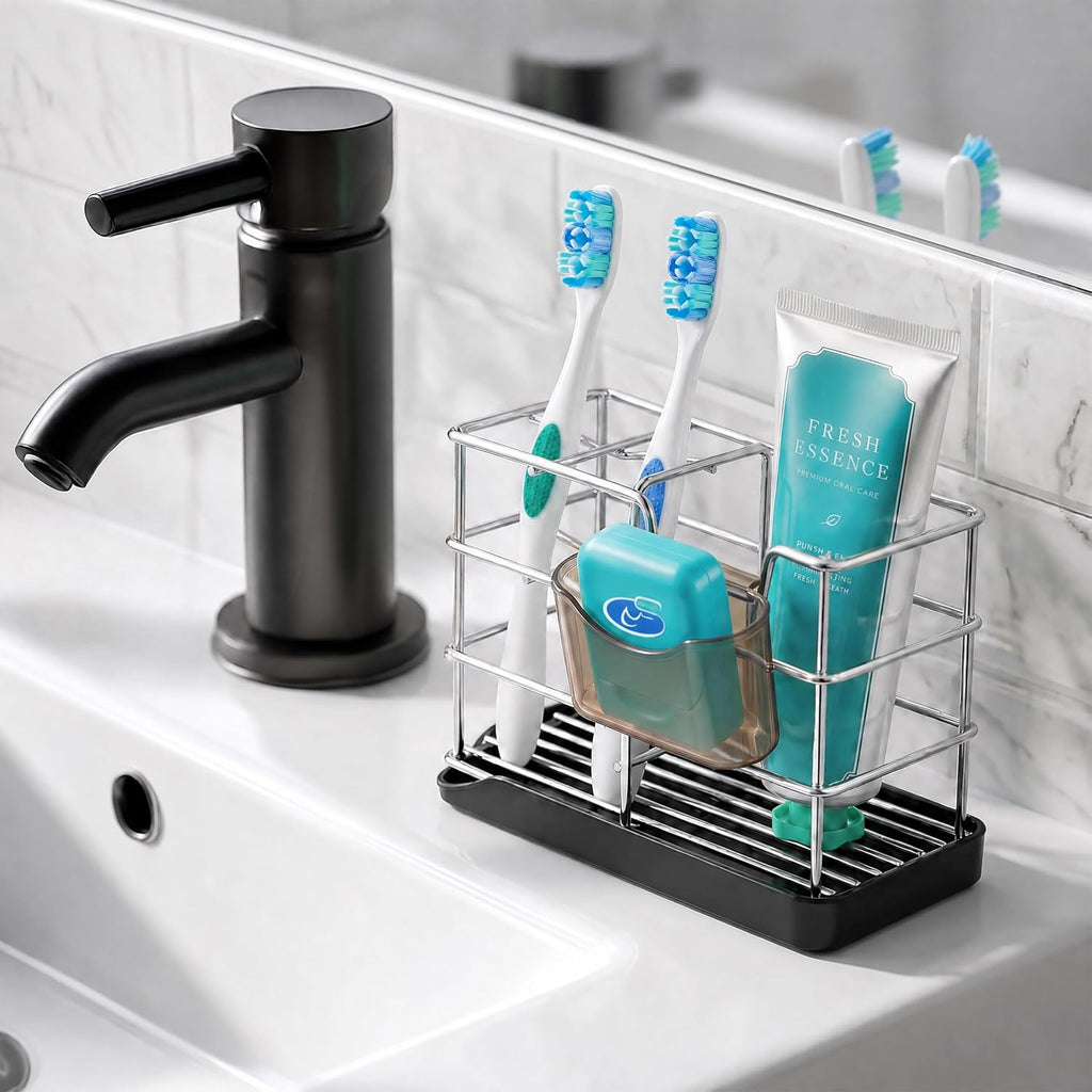 HBlife Toothbrush Holders for Bathrooms Silver, Small Stainless Steel Bathroom Toothbrush Holder with Tray, Bathroom Accessories and Apartment Essentials
