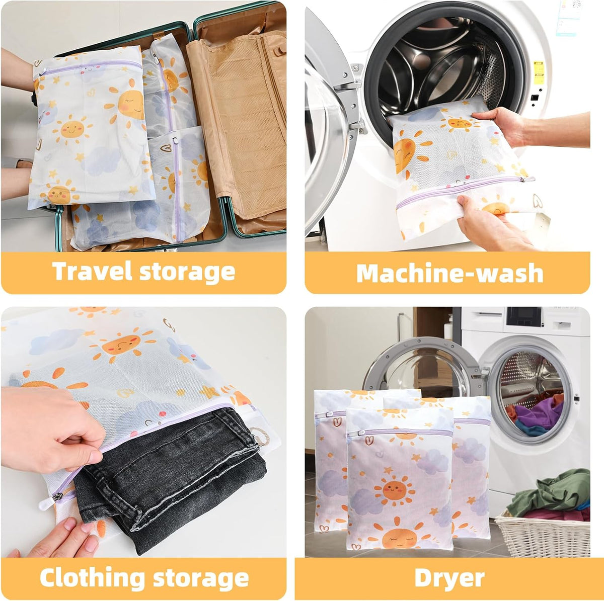 3Pcs Durable Mesh Laundry Bag, Durable Laundry Bags with Premium Zipper (Sunny)