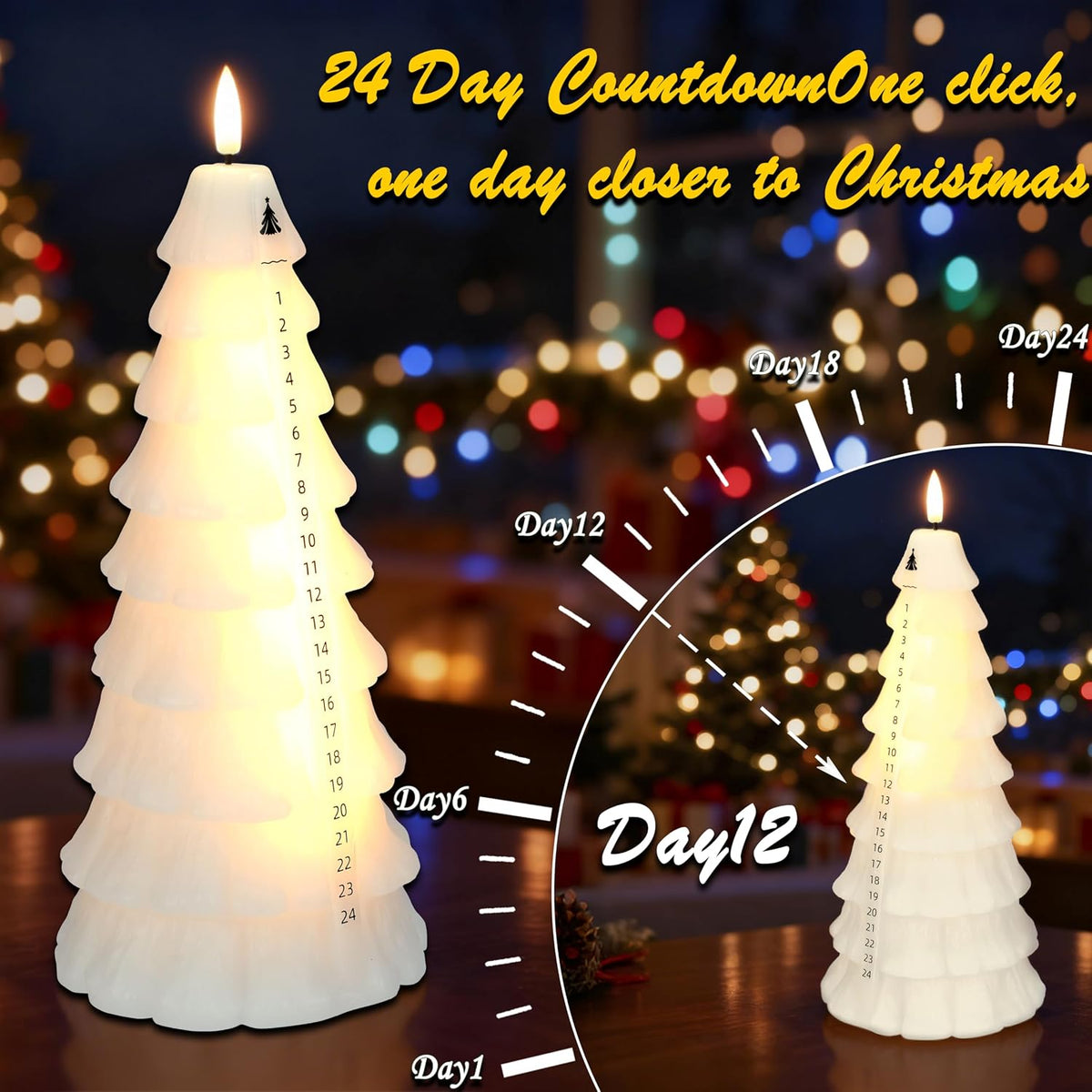 Christmas Tree Candles with Remote, Wax Christmas Countdown Candles White