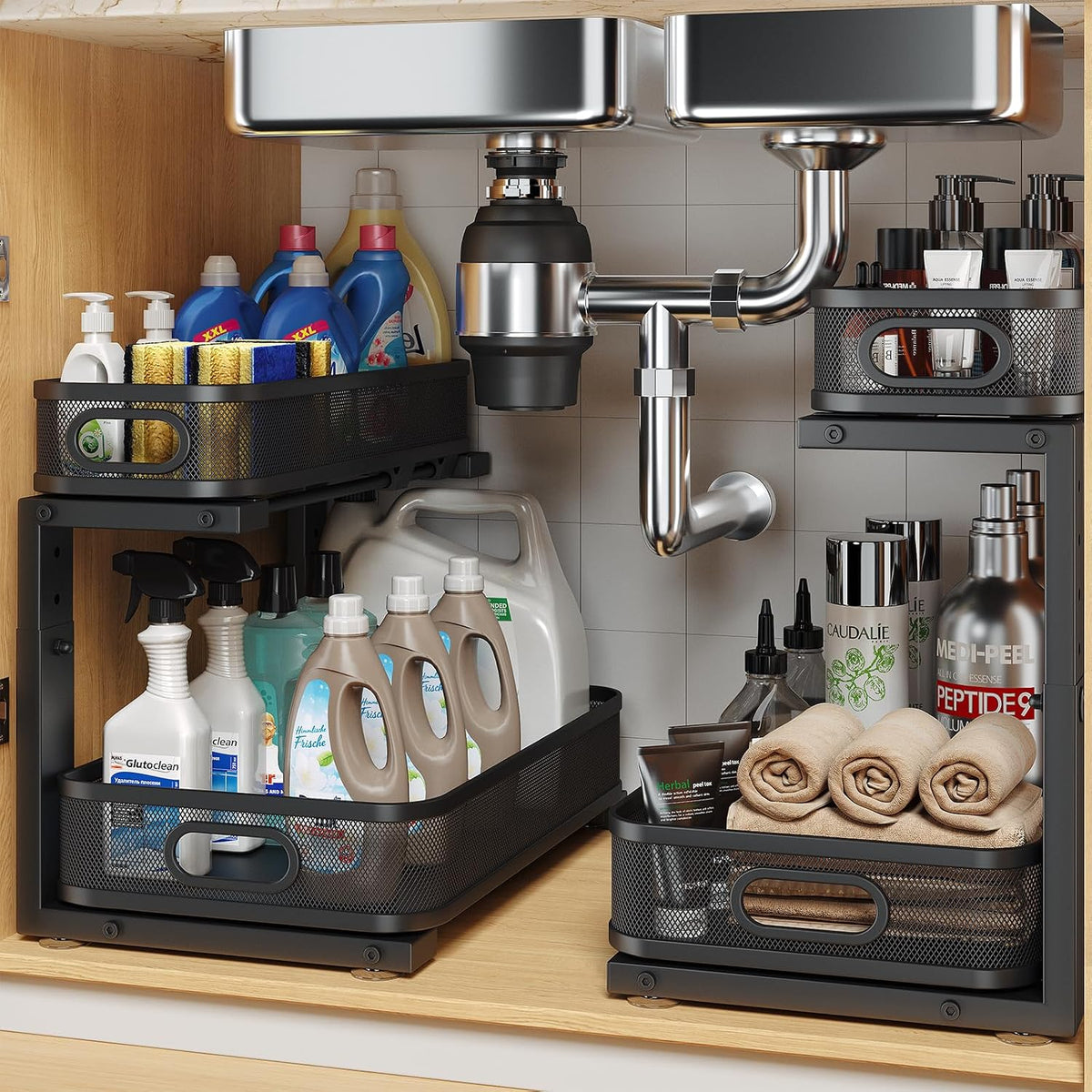 2 Pack 15.7IN-Depth Under Sink Organizer With Smooth Cylindrical Rail,2-Tier Pull Out Multi-Purpose Cabinet Storage for Bathroom&Kitchen,Height Adjustable,Rust-resistant Coating-Black