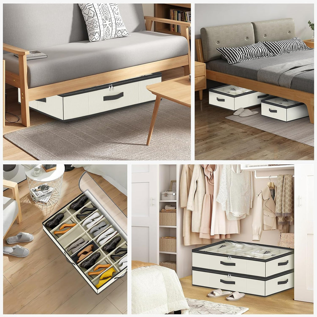 homyfort 32 Pairs Shoe Organizer Under Bed, Sturdy Underbed Shoe Storage Boxes Bins, Organizador De Zapatos, Extra Large Zapateras Organizer, Beige, Set of 2