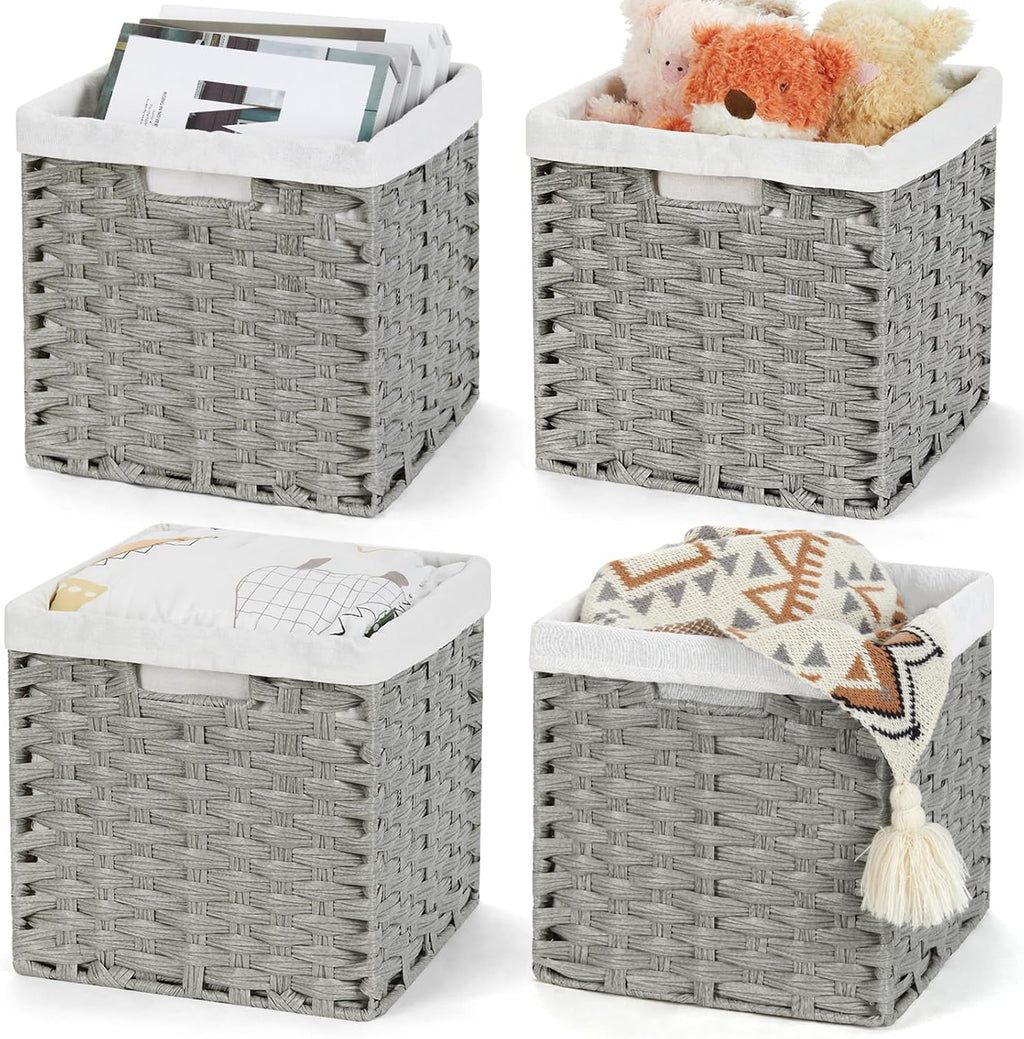 Bidtakay Wicker Cube Baskets with Liners Cube Storage Organizer for Shelves Closet 11 inch 4 Pack Decorative Hand-Woven Imitation Wicker Storage Bins for Organizing Pantry Bedroom Light Grey