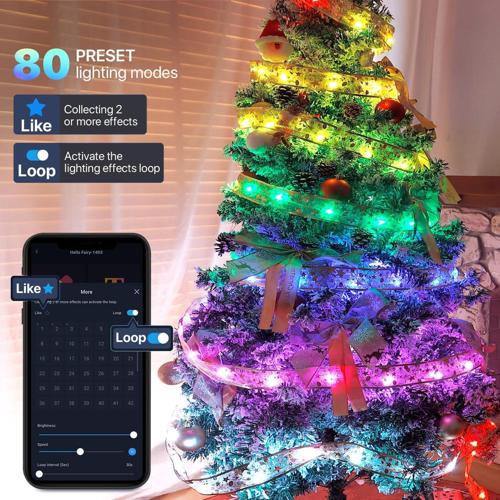 Smart Christmas Tree Ribbon String Lights, 33ft 80 Modes Colors Changing Ribbon Light for Christmas Tree, APP & Remote Control, Sync Musical, Timer, USB (Light Gold)
