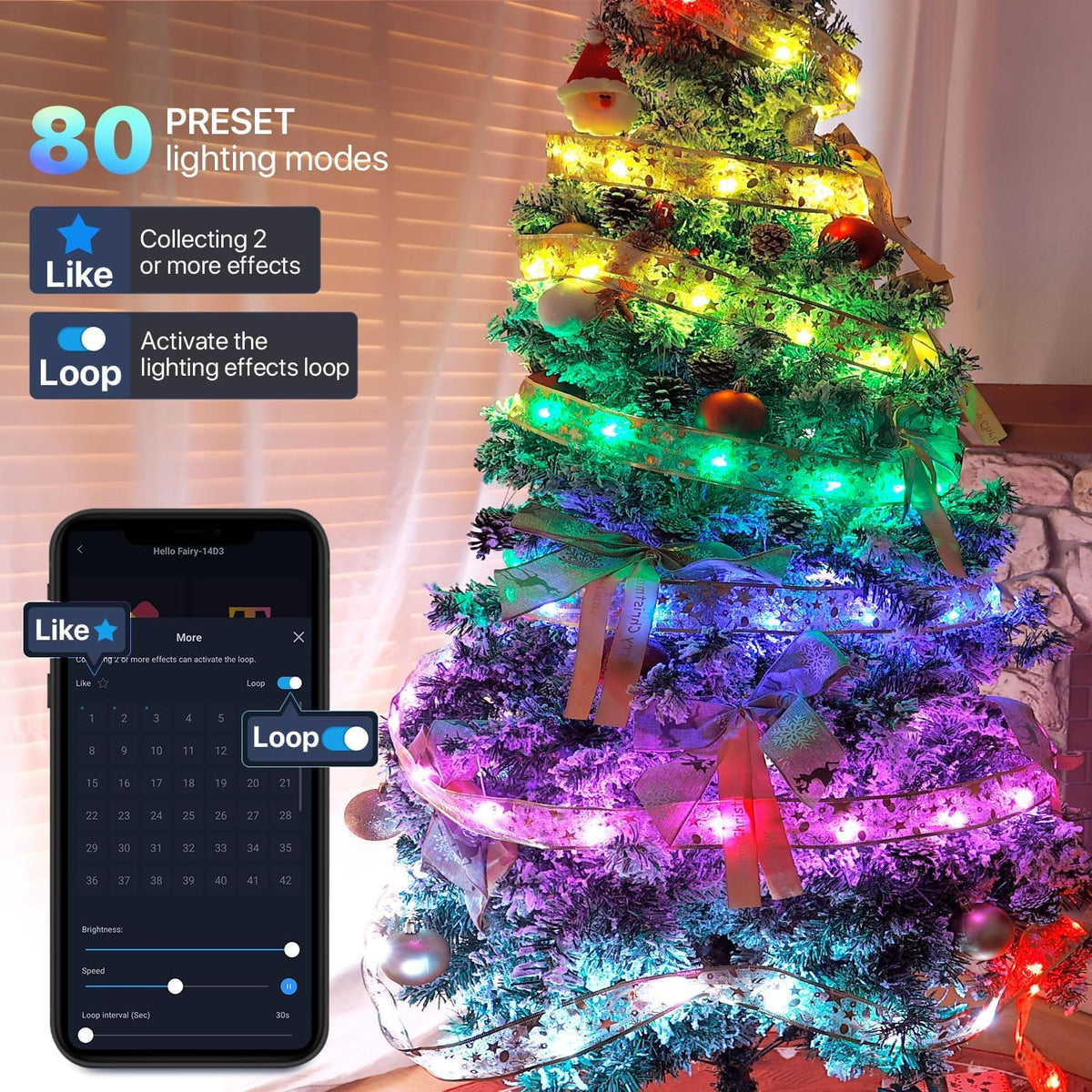 Smart Christmas Tree Ribbon String Lights, 33ft 80 Modes Colors Changing Ribbon Light for Christmas Tree, APP & Remote Control, Sync Musical, Timer, USB (Light Gold)