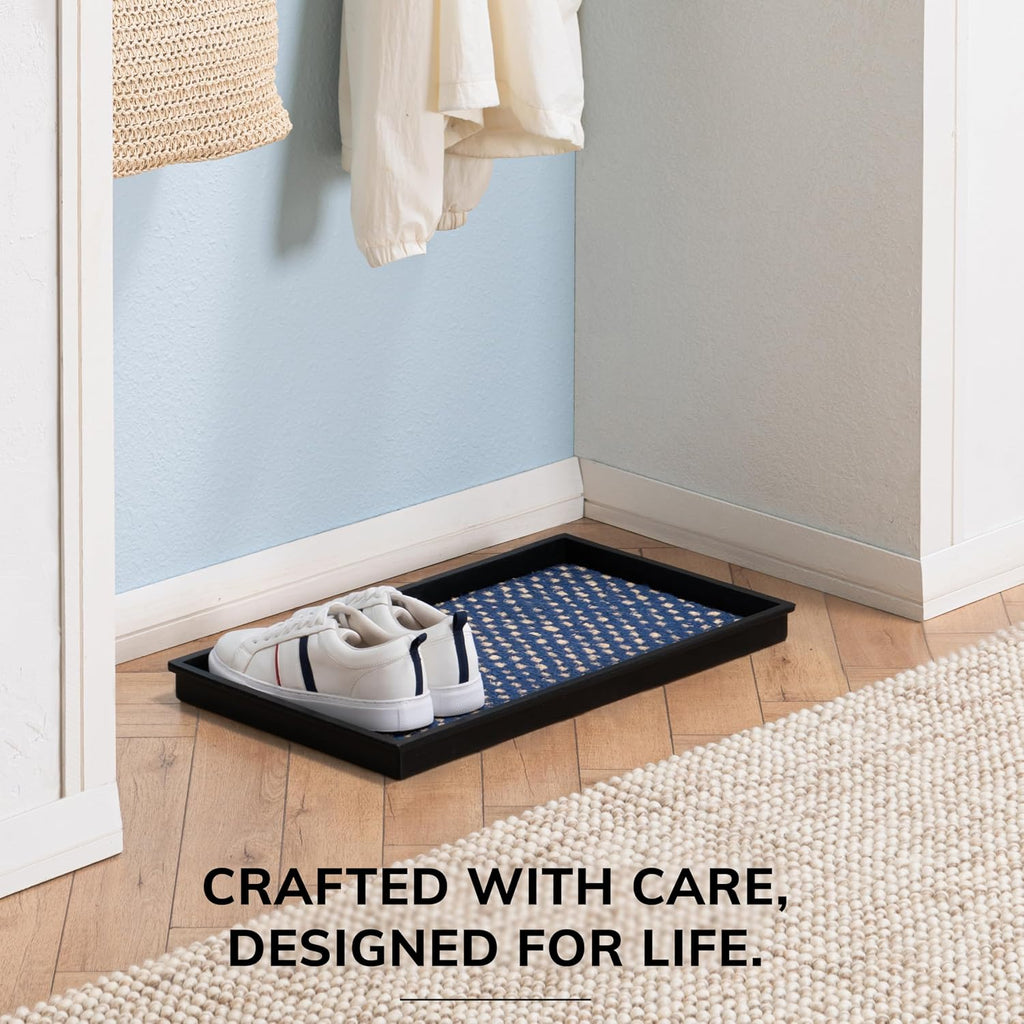 Anji Mountain Heavy Duty Waterproof Rubber Shoe Storage Mat Organizer/Boot Storage Multi Use for Entryway with Coir, Blue and Ivory Insert, Fits 2 Pair (24.5" Wide)