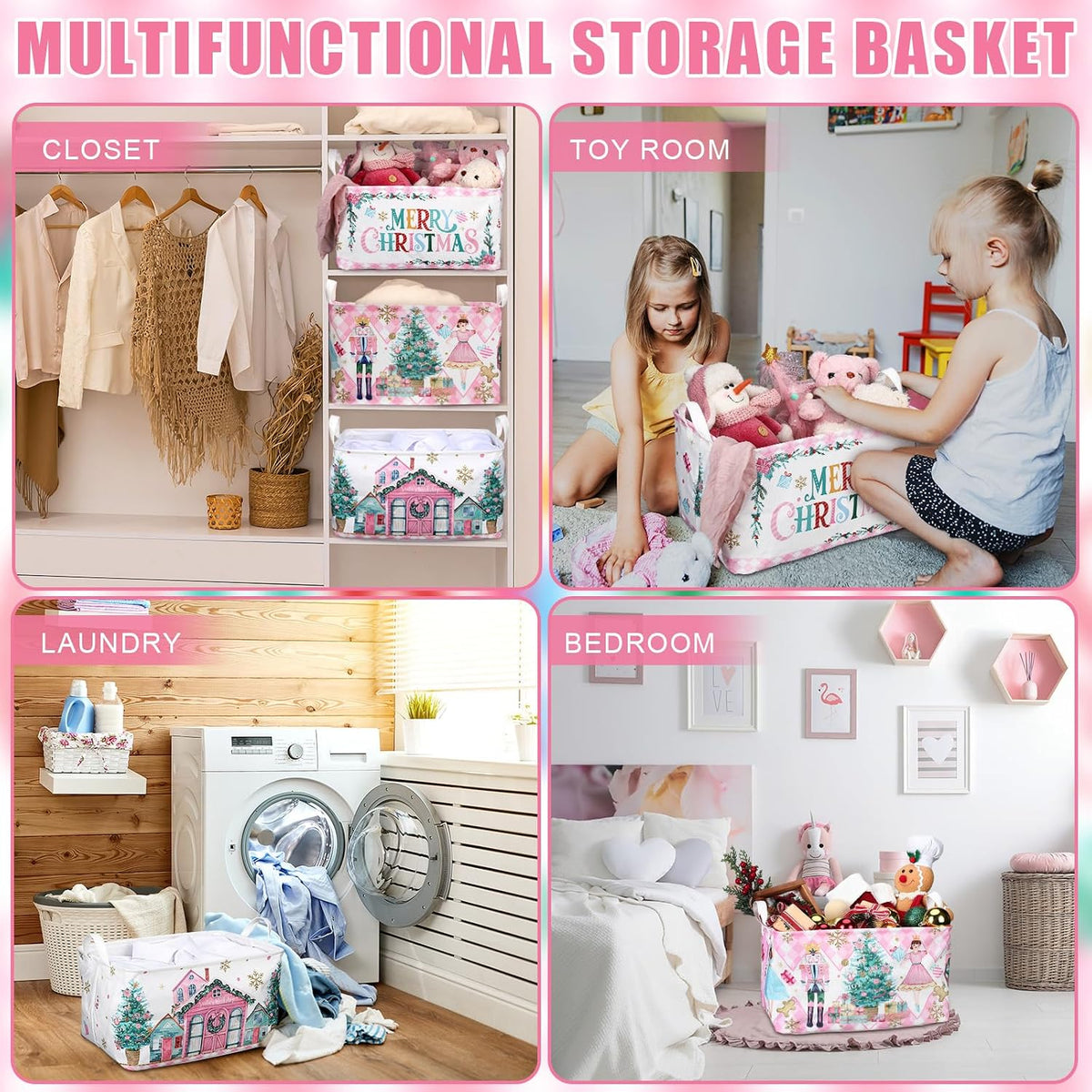 Beeveer 3 Pcs Christmas Pink Nutcracker Basket Diamond Plaid Christmas Tree Gift Basket Soldier Mouse Ballet Girl Clothes Storage Cube for Home Office Dorm Closet Shelf Organizer