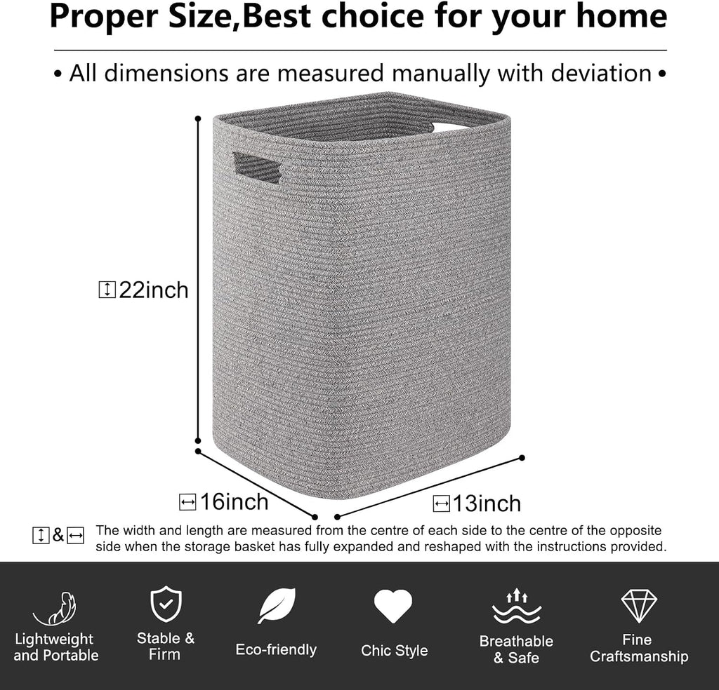 OIAHOMY Laundry Hamper Laundry Basket Rectangle Cotton Storage Basket Grey