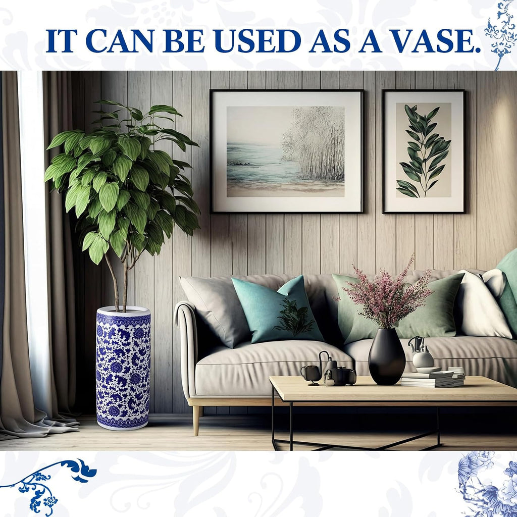 Sawysine Blue White Ceramic Umbrella Stand with Lotus in Vine Design