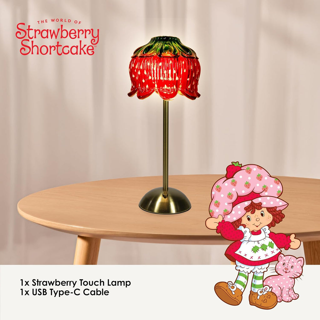 Strawberry Shortcake Touch Lamp- Red Glass Strawberry Shade, USB-C Rechargeable, 3 Dimmable Light Temperatures, LED Desk Lamp, Brush Brass Base & Pole, Cute Décor for Girls' Bedroom, Housewarming Gift