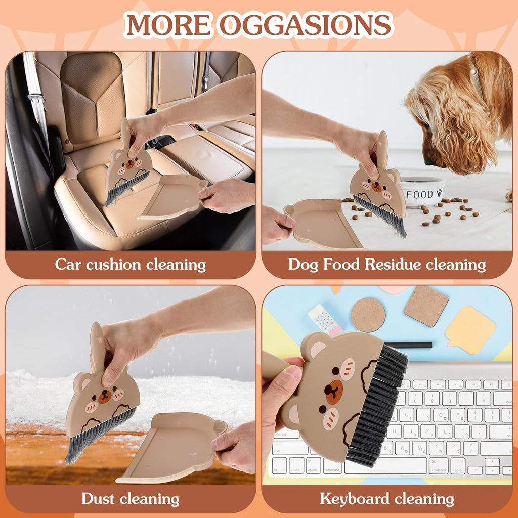 Ouligay Portable Hand Broom and Dustpan Set,Cute Mini Broom and Dustpan Set with Durable Brush,Lightweight Small Dust Pan and Broom Set for Desktop Cleaning Small Space Cleaning(Brown Bear)