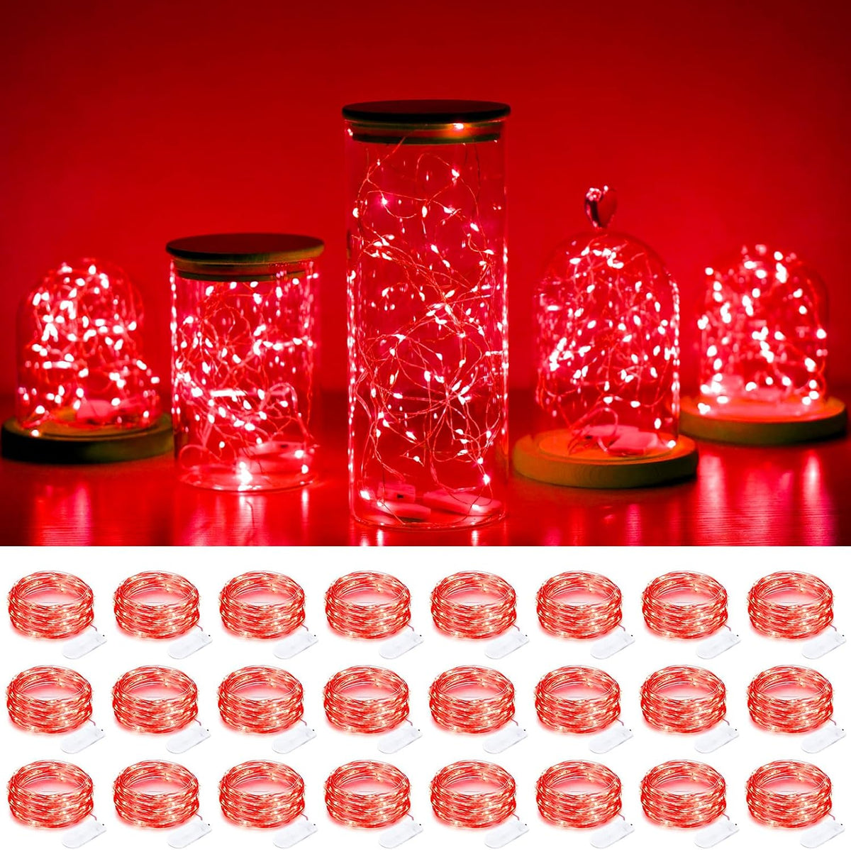 SmilingTown Battery Operated Fairy String Lights 24 Pack 20 LED 7.2ft Starry Firefly Copper Wire for Wedding Party Table Centerpiece Halloween Christmas Decorations (Red)