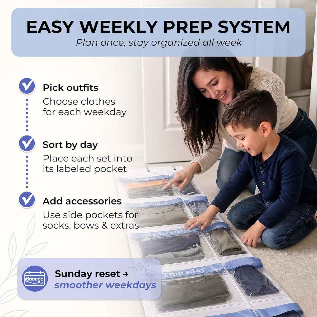 Over the Door Weekly Clothes Organizer for Kids, Days of the Week (Blue)