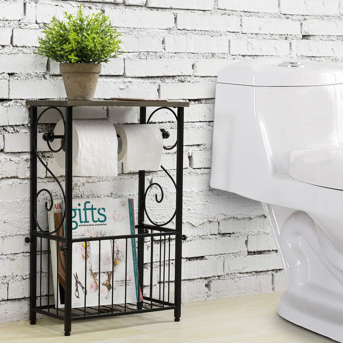 MyGift Toilet Paper Holder Stand with Magazine Rack, Gray Wood Shelf