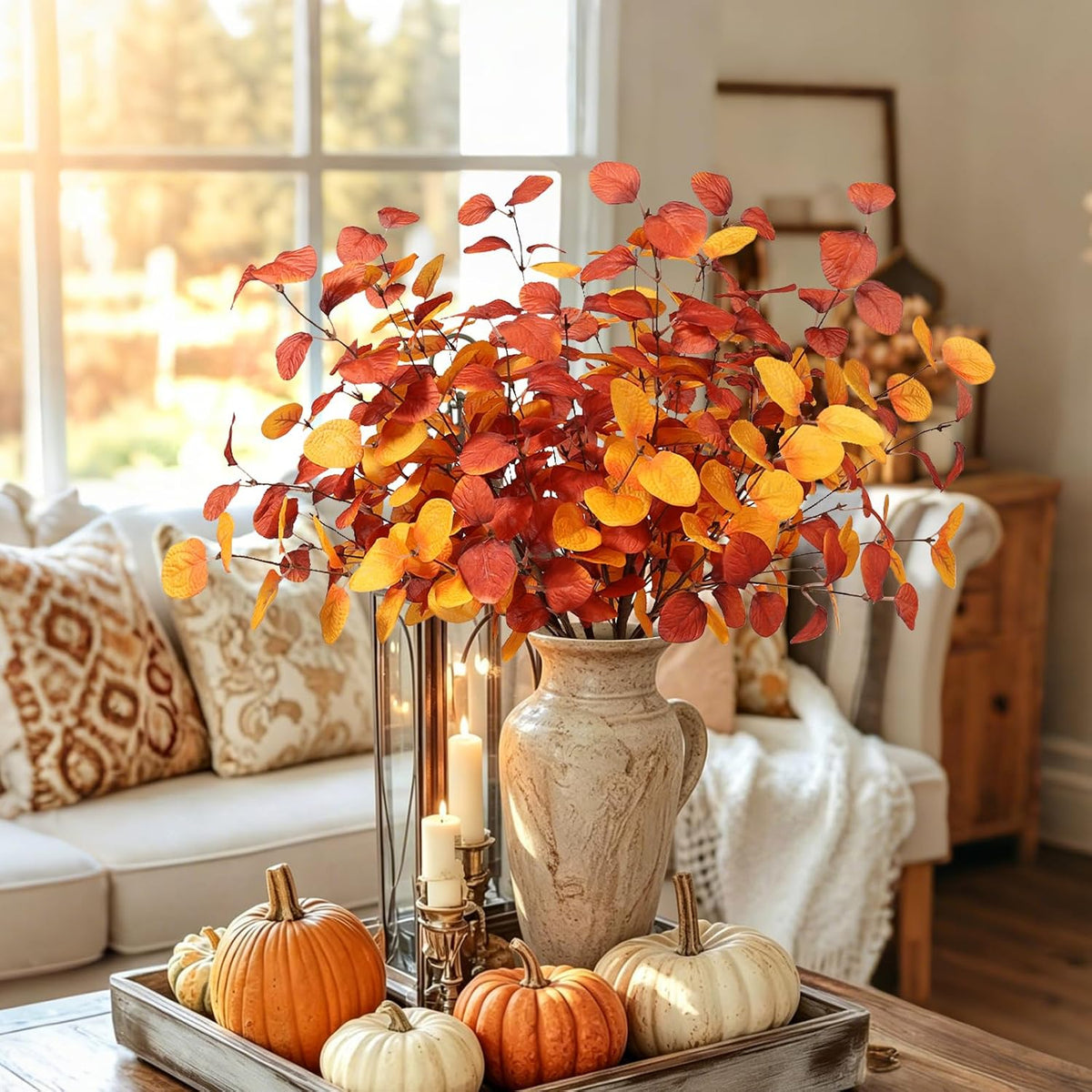 Beferr Fall Eucalyptus Stems Decor, 5Pcs 23" Artificial Eucalyptus Branches Autumn Leaves Fake Plants Floral Arrangements Thanksgiving Farmhouse Home Table Decorations
