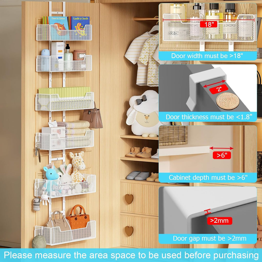 Hongtamoya Over The Door Organizer, Metal Hanging Door Organizer with 6 Adjustable Baskets and 5 Hooks, Behind The Door Storage for Closet Cabinet Kitchen Bathroom Bedroom Pantry Door Organizer, White