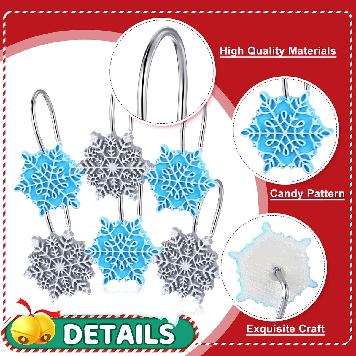 CroBlissful 12 Pcs Winter Snowflake Shower Curtain Hooks 2 Styles Snowflakes Curtain Hangers Hooks Blue Silver Winter Christmas Decorative Rings for Bathroom Restroom Rods Wall Decor