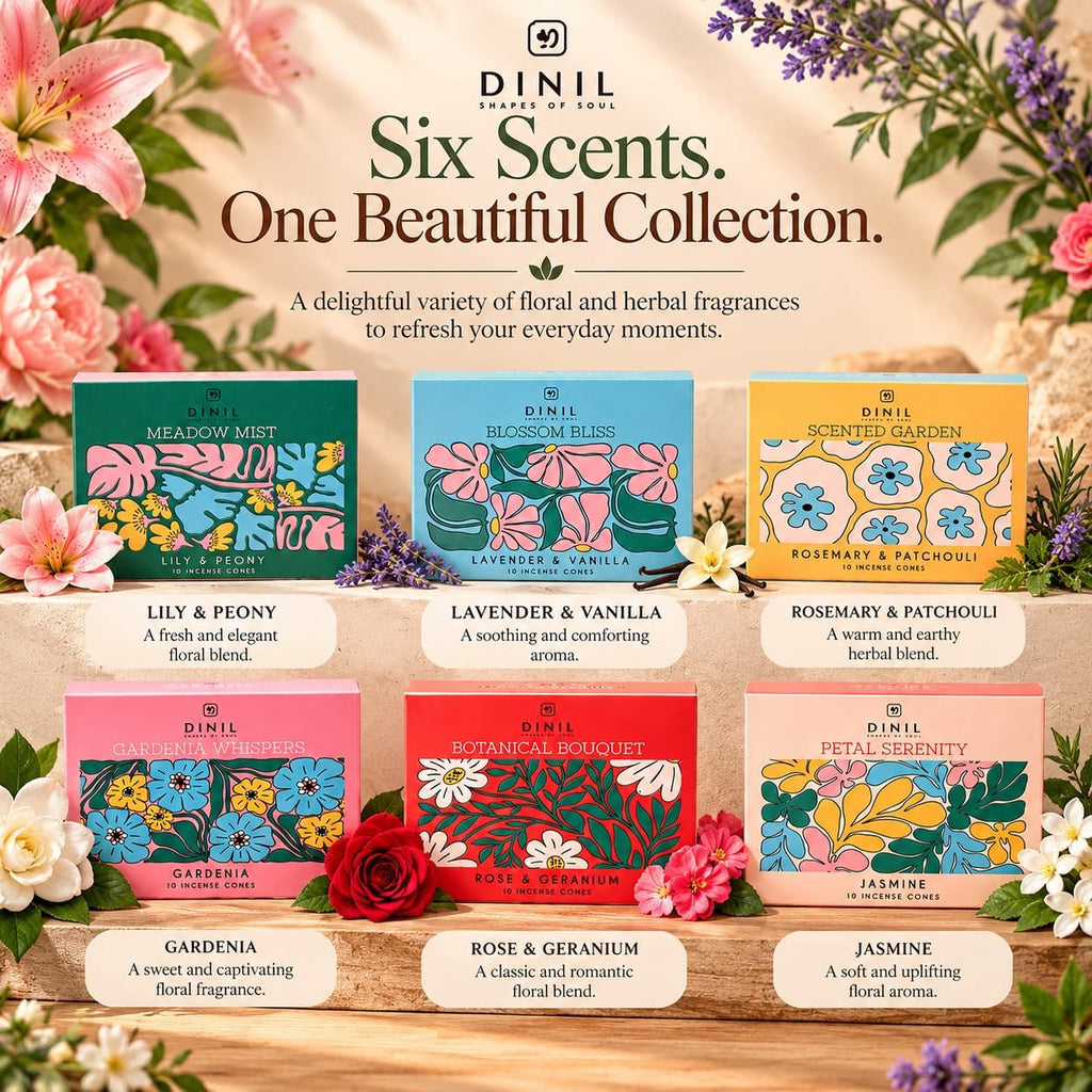 Dinil Floral Incense Cones Variety Pack, 60 Cones, 6 Floral & Herbal Scents