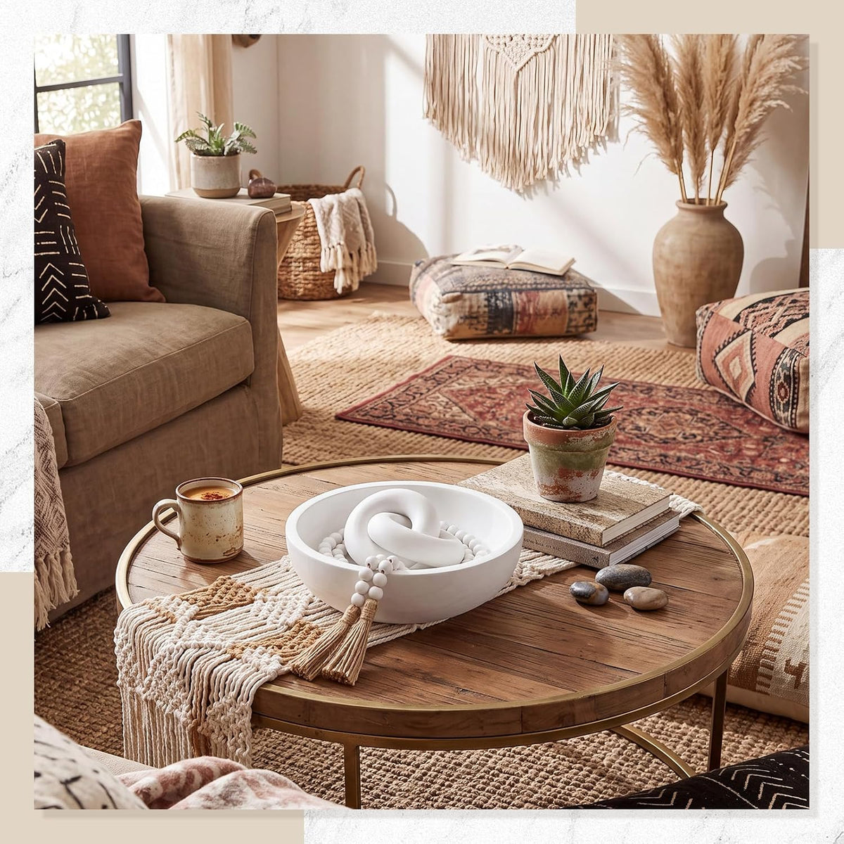 Novabright Farmhouse Wooden Decorative Bowl Set with Chain Beads, White