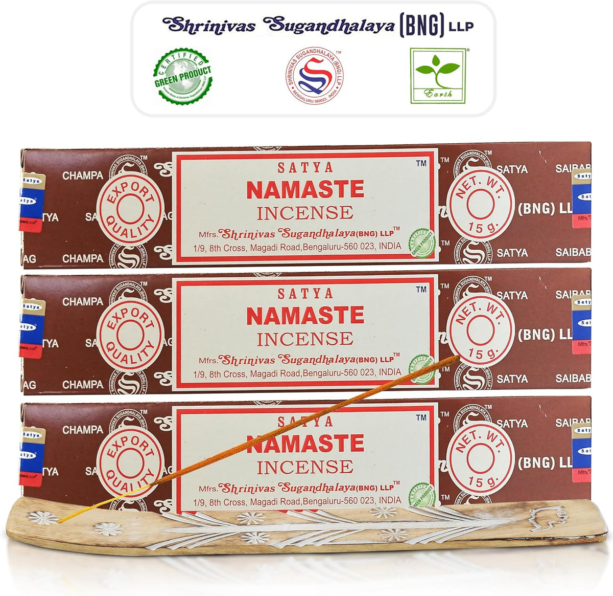 Satya Namaste Incense Sticks, Satya Bng (Bangalore) Insenses 15gmx3 Pack with Raajsee Incense Holder Bundle, Satya Nagchampa Natural Incense