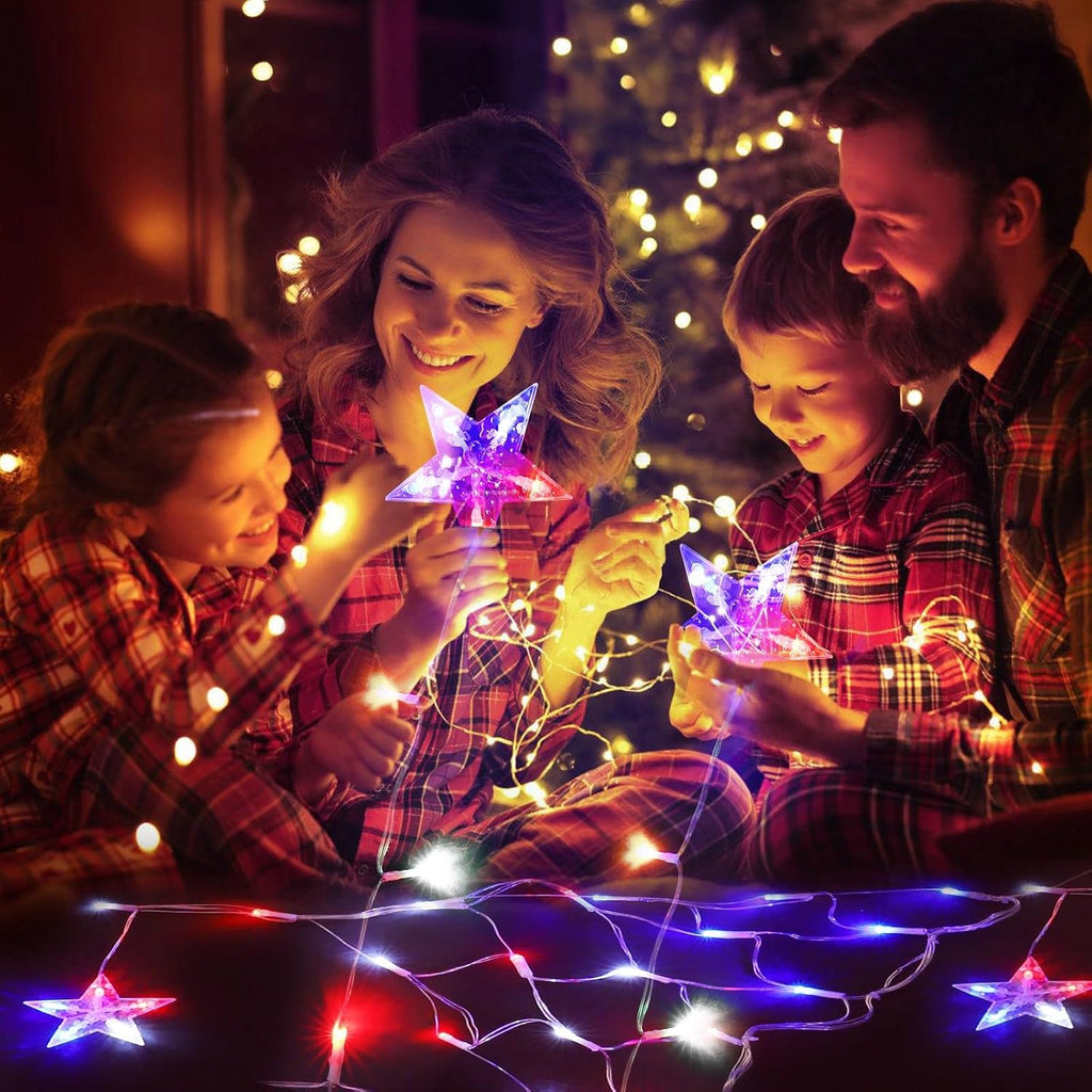 DANLI 4th of July Lights 13.8ft 200 LED Red White Blue Net Lights with 12 Stars,8 Modes Curtain Lights with Remote Timer,Dimmable & Waterproof for Outdoor Decorations Balcony Porch Fence Window