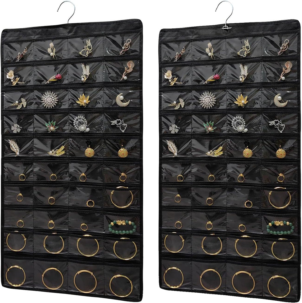 2 PACK (Each Pack 80 Pockets,Total 160 Pockets) Hanging Jewelry Organizer with Hanger Metal Hooks Storage On Wall Door Closet Double-Sided Jewelry Holder for Earrings, Necklaces, Rings (2 Pcs Black)