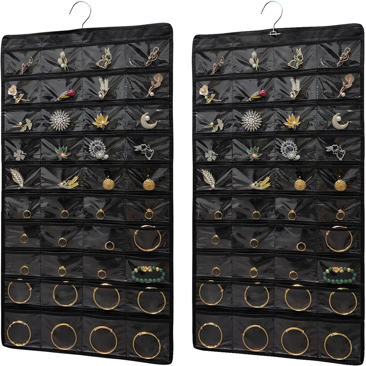 2 PACK (Each Pack 80 Pockets,Total 160 Pockets) Hanging Jewelry Organizer with Hanger Metal Hooks Storage On Wall Door Closet Double-Sided Jewelry Holder for Earrings, Necklaces, Rings (2 Pcs Black)