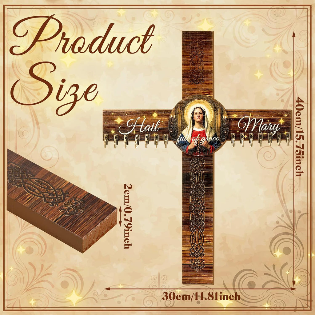 Yaomiao 16 x 12 Wooden Rosary Holder Cross Wall Mounted with 14 Hangers