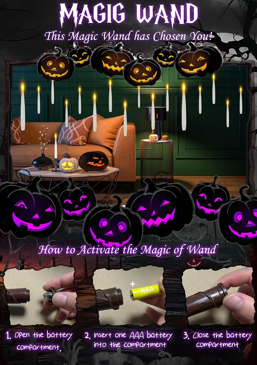 10 Floating Candles with Wand & 11 AAA Batteries Halloween Decor
