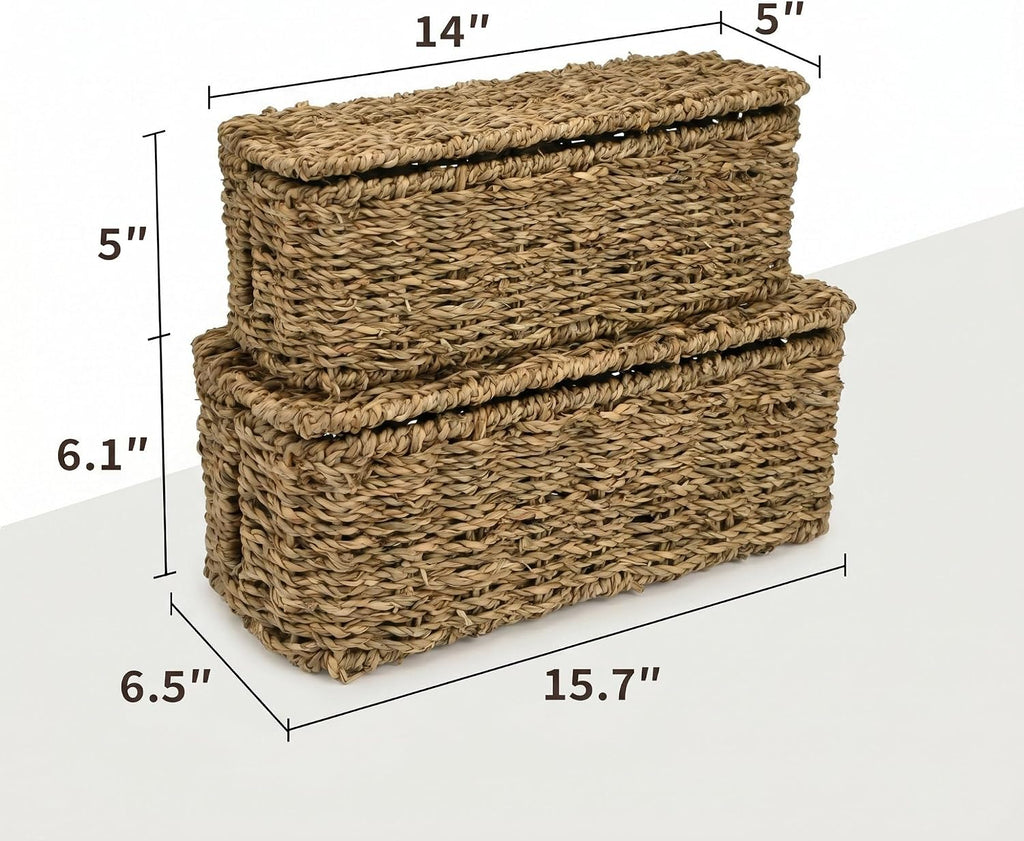 2 Pack Handwoven Cable Management Box with Lid, Decorative Cord Organizer for Power Strips, Chargers, TV Wires, Desk, Home & Office Storage, Natural Sea Grass