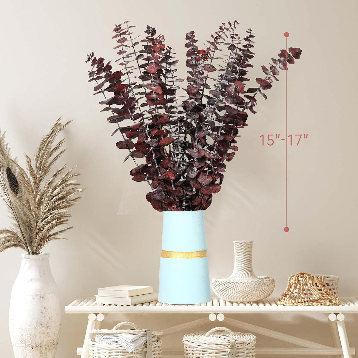 20 Pcs Dried Eucalyptus Stems, 17'' Real Red Leaves for Fall Decoration