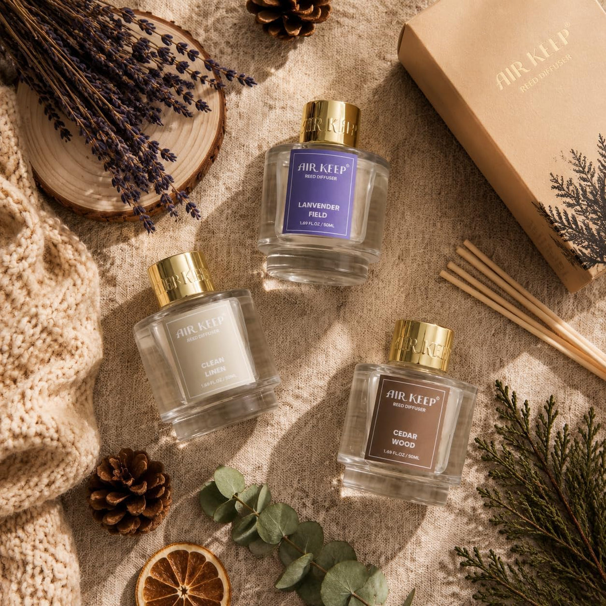 Airkeep Reed Diffuser Set of 3,Clean Linen Lavender Field Cedar Wood Oil Reed Diffusers for Bedroom Living Room Office Aromatherapy Oil Reed Diffuser for Gift 50ml x 3