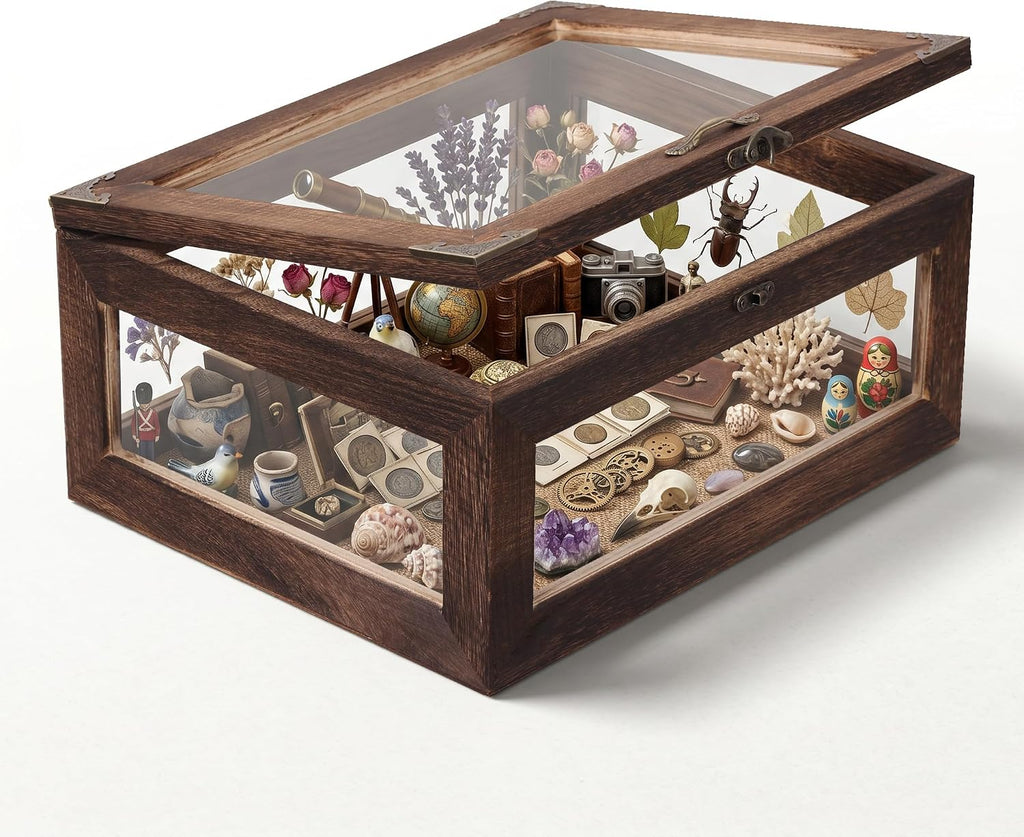 Shadow Box Display Case 11x14, 6.2" Deep, 5-Sided Glass, Solid Wood