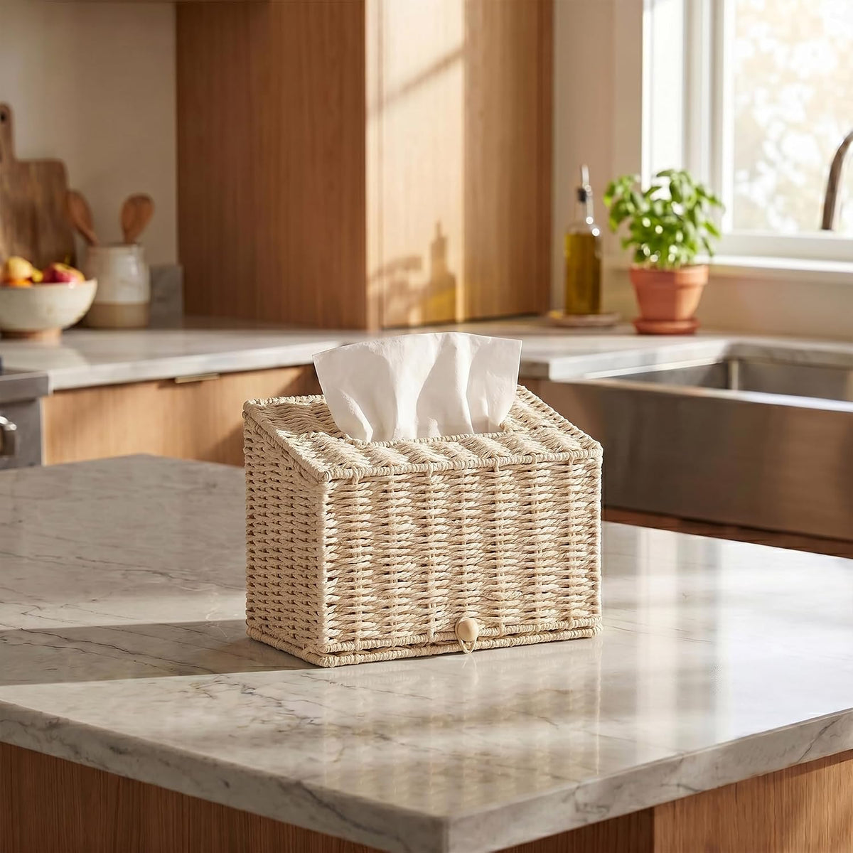 PINXIURY Hand Towel Box Cover,Paper Rope Wicker Tissue Holder for Kleenex Hand Towels,Hand Towel Holder,Slant-Top Paper Rope Tissue Box for Bathroom,Kitchen and Bedroom,Off White