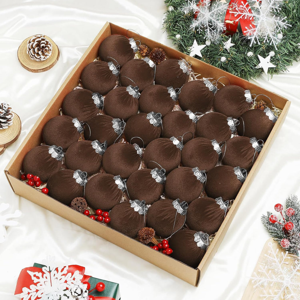 Velvet Christmas Balls Set 30pcs Dark Brown Velvet Christmas Tree Ornaments Shatterproof Xmas Hanging Balls Decorative Hanging for Xmas Holiday Family Home Store Indoor Decor 2.4inch