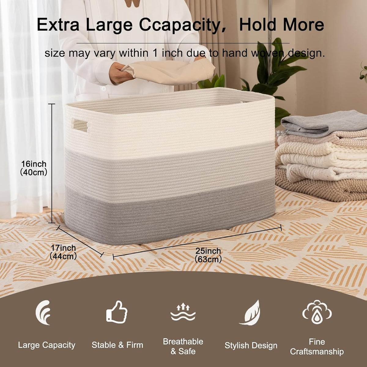 OIAHOMY 118L Extra Large Blanket Basket Cotton Rope Storage Basket Grey