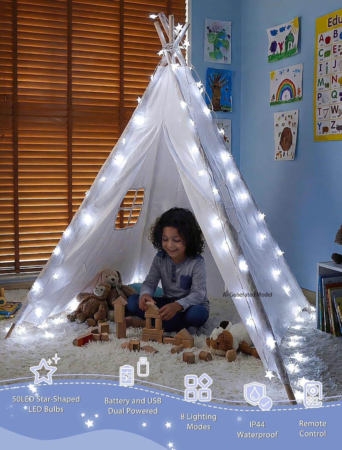 19FT 50 LED White Star String Lights, Battery & USB Powered