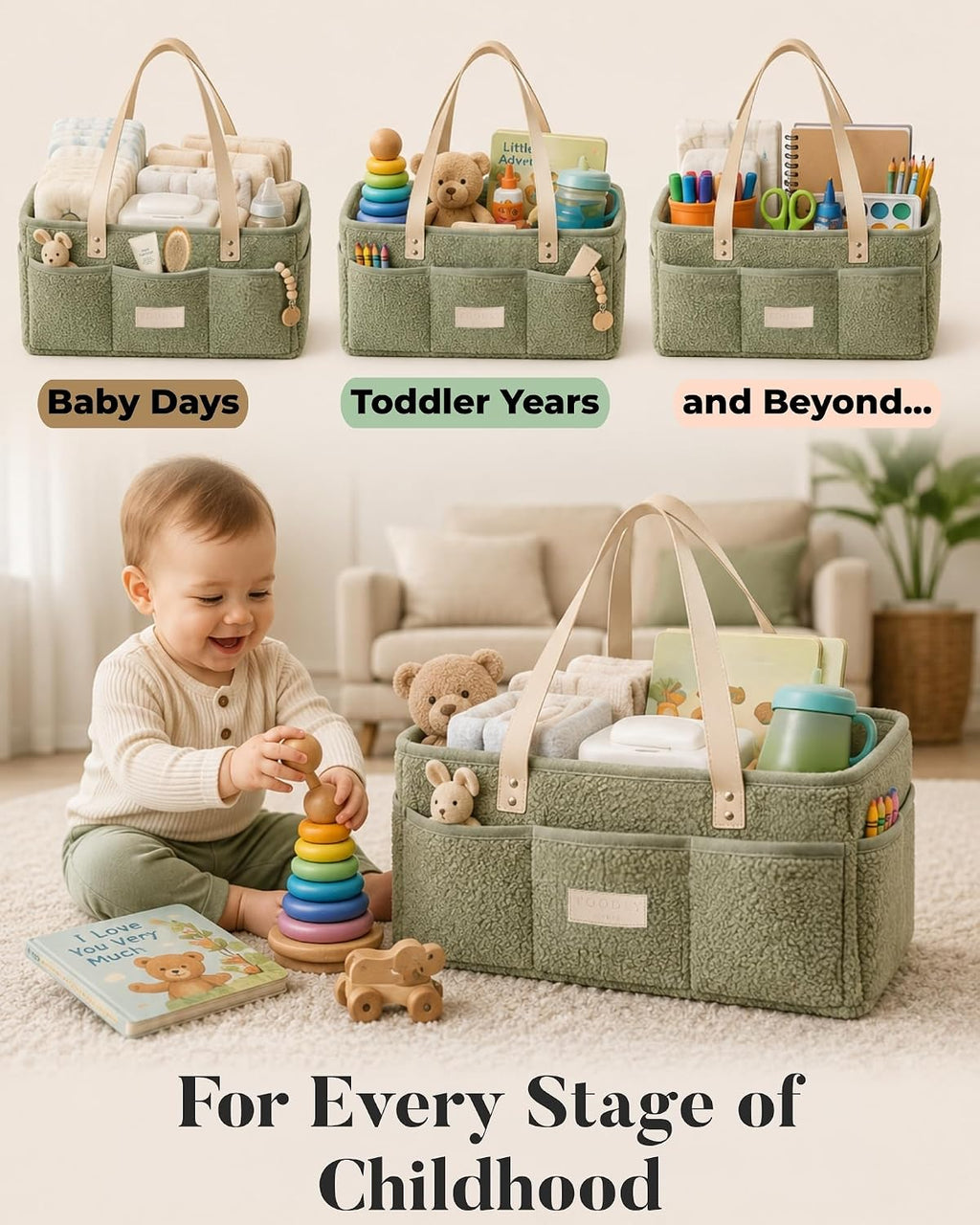 Baby Diaper Caddy Organizer with Portable Changing Mat - Teddy Fleece Diaper Organizer for Changing Table - Basket for Changing Essentials - Baby Essentials Organizer with Removable Dividers