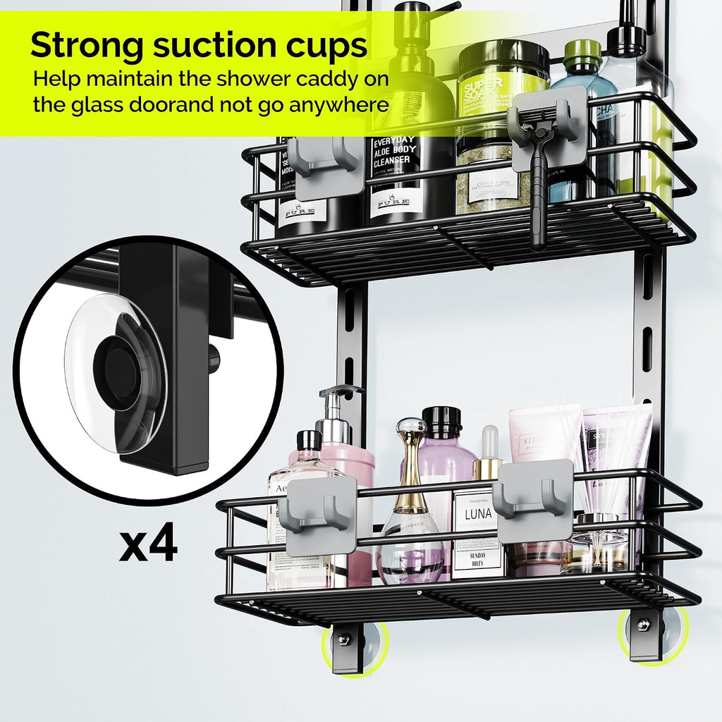 Orimade Over The Door Shower Caddy Adjustable 4 Tier Black,Bathroom Hanging Organizer Shelf Rustproof with 4 Hooks,Shower Basket with Soap Holder and Suction Cup