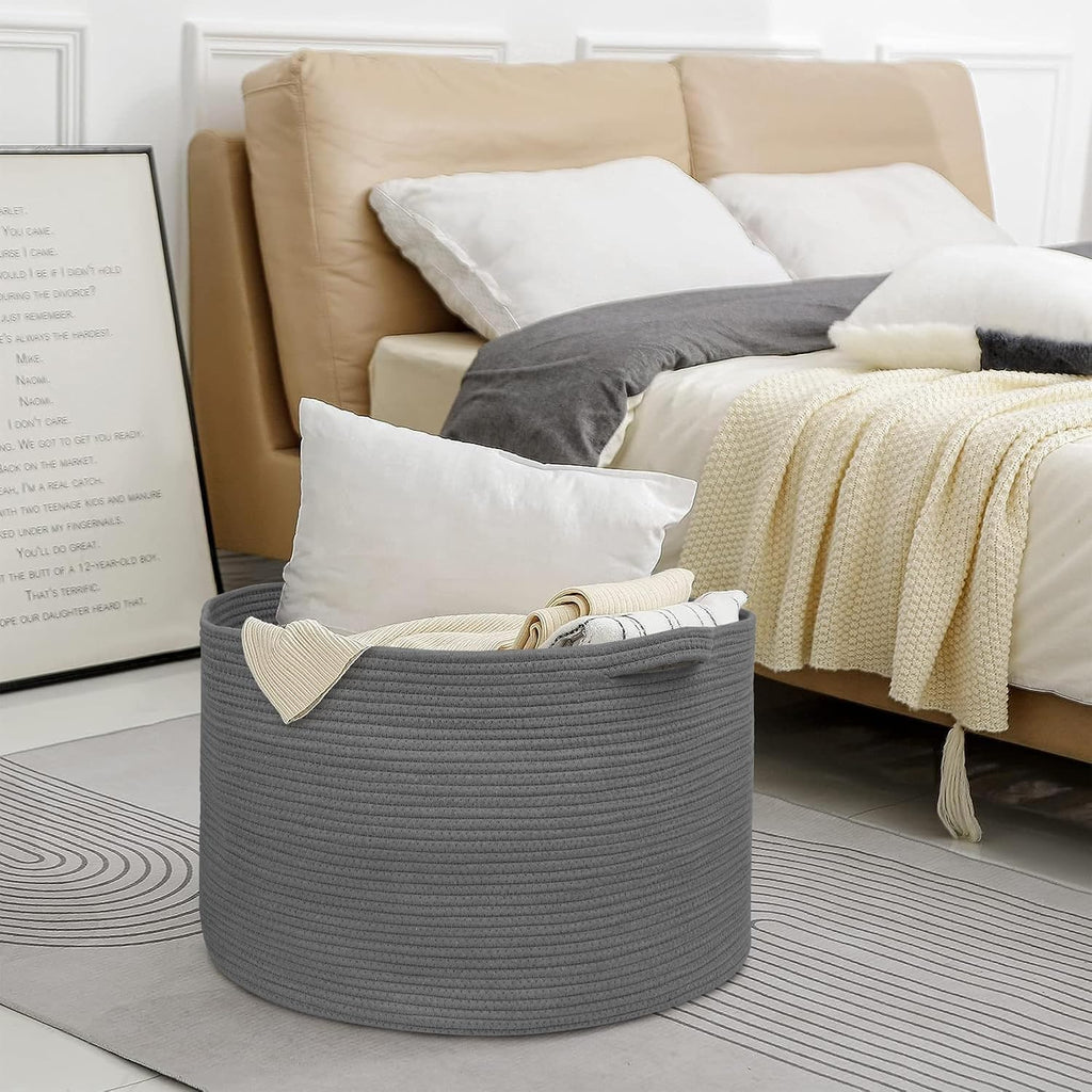 MEGASKET Large Dark Grey Storage Basket, Woven Cotton Rope Baskets for Storage, Big Blanket Organizer Storage Basket for Living Room, Kids Room Toy Storage Organizer Box, Blanket Keeper (22"x14")