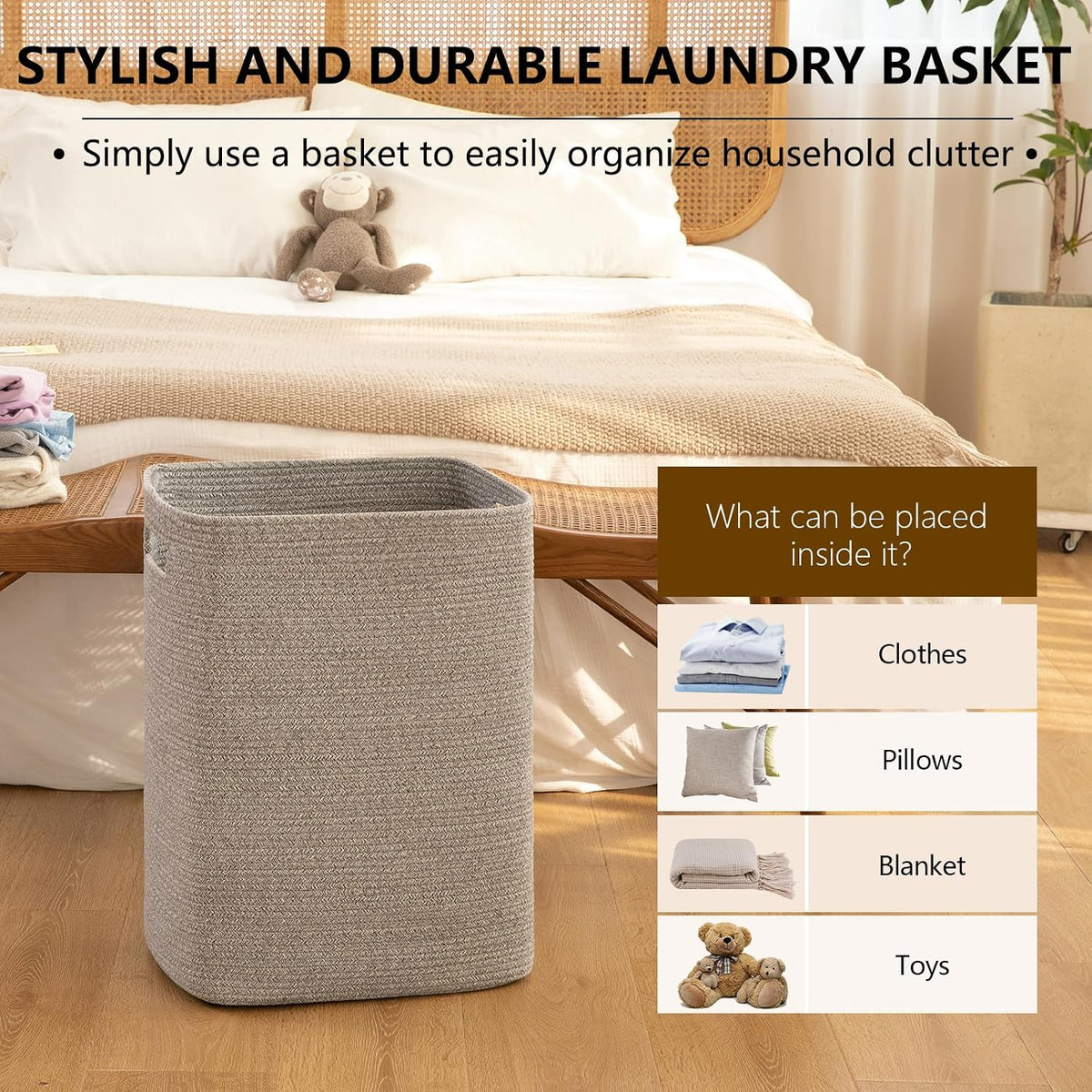 OIAHOMY Laundry Hamper Laundry Basket Rectangle Cotton Storage Basket Grey