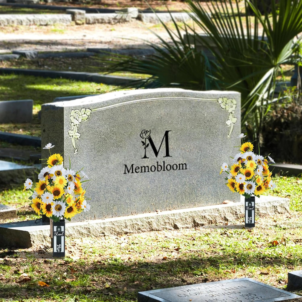 Artificial Cemetery Flowers for Grave: Sunflower with Vase, 2 Pcs