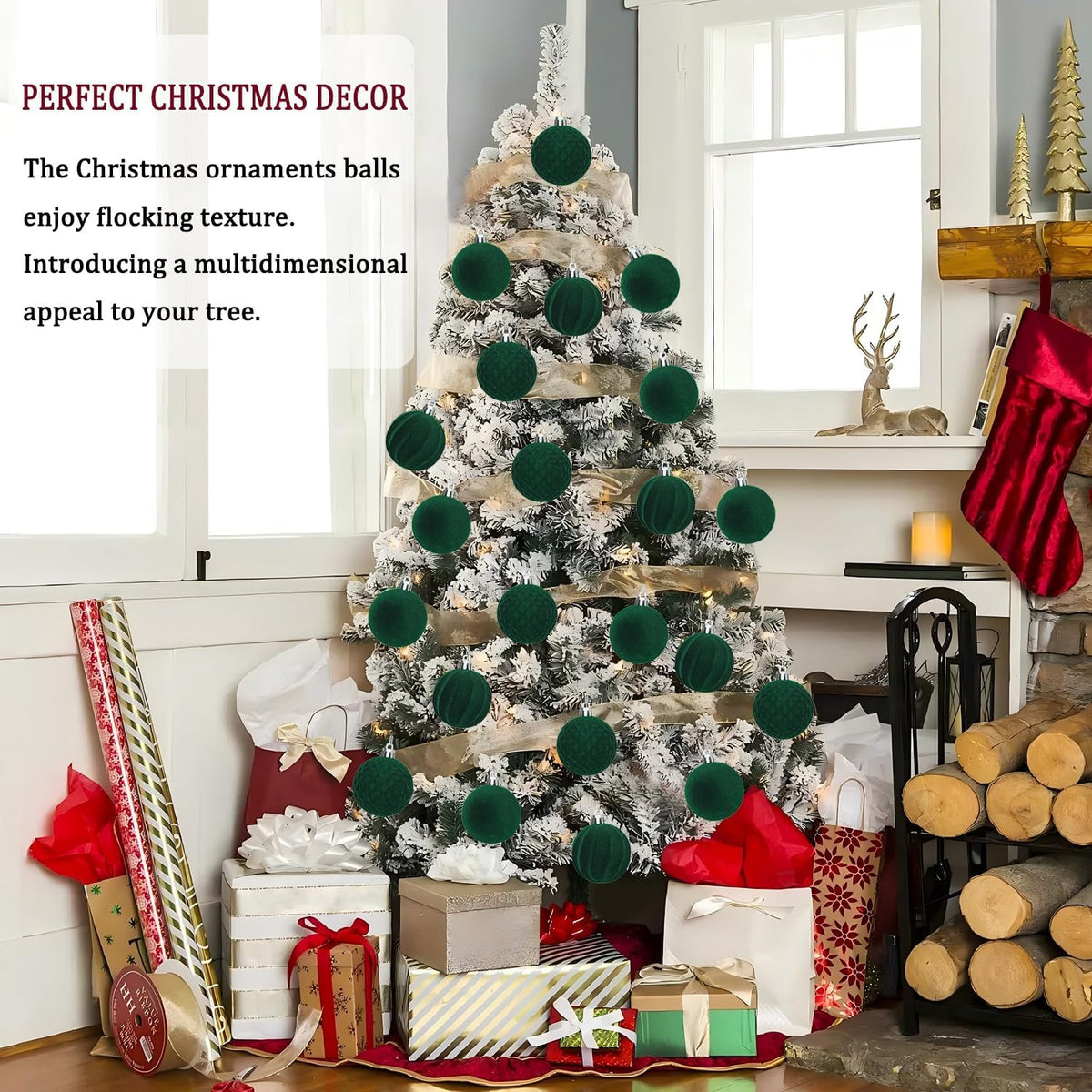 Artmag 16 Pcs Velvet Christmas Balls Hanging Ornaments Set, Shatterproof Plastic Flocked Christmas Tree Balls Xmas Decorations Festival Holiday Party Decor (Green,2.36 Inch)