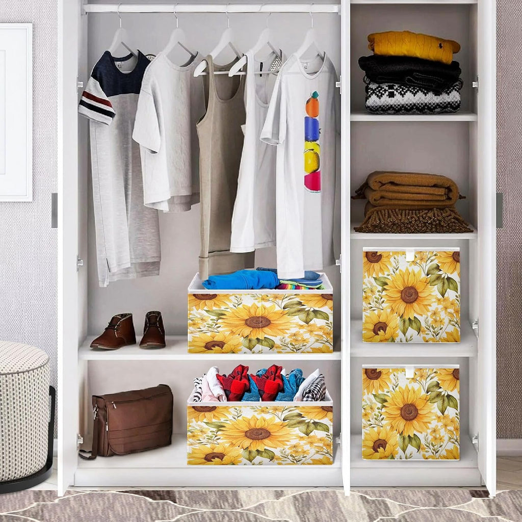 Yellow Sunflower Cube Storage Bins 15.75x10.63x6.96 inch Collapsible Fabric Storage Baskets , Large Toy Clothes Organizer Box for Bedroom, Living Room, Study Room