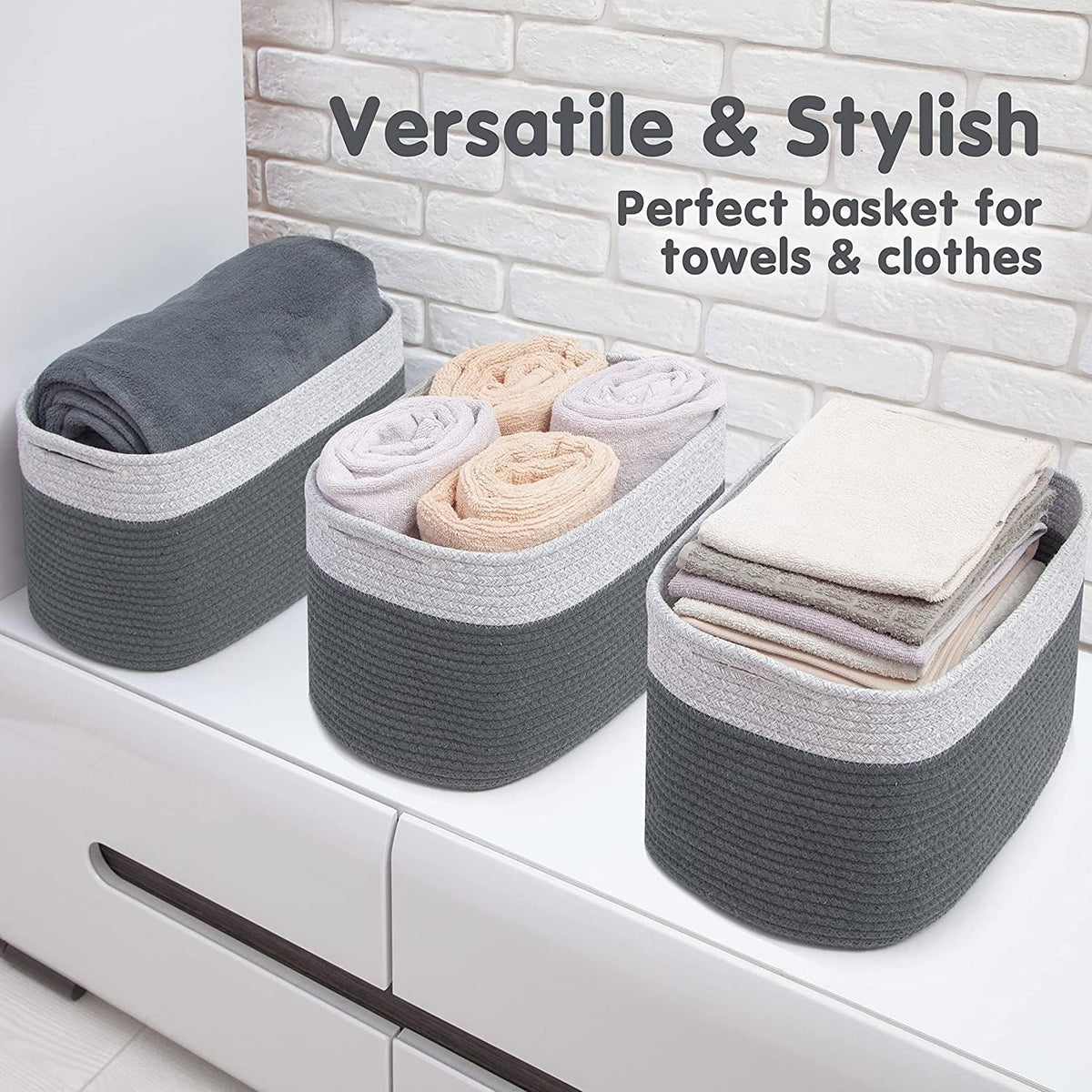CHAT BLANC Cotton Rope Baskets for Organizing I Storage Baskets for Shelves | Rope Basket for Storage, Small Laundry Baskets, Woven Baskets for Storage, Dog Toy Bin, Baby Basket, Gray & Graphite 3Pack