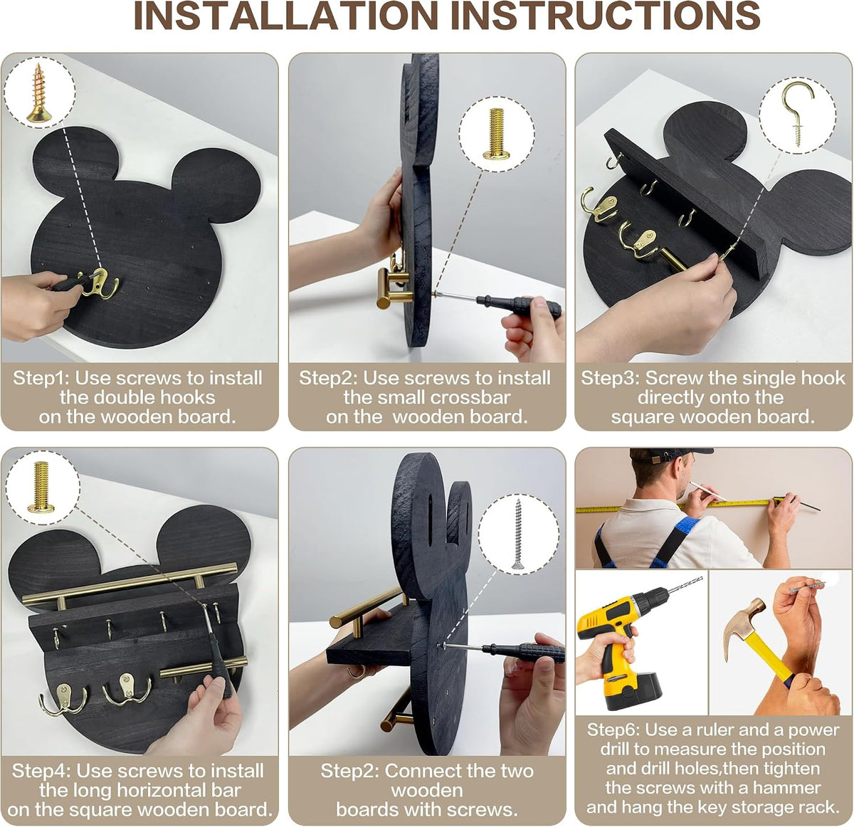 AIRPOP Key Holder for Wall–Mouse Wooden Mail Organizer Wall Mount with Shelf and 6 Hooks, Easy Installation Key Rack Hanger for Entryway Living Room Home Decor (Brown)