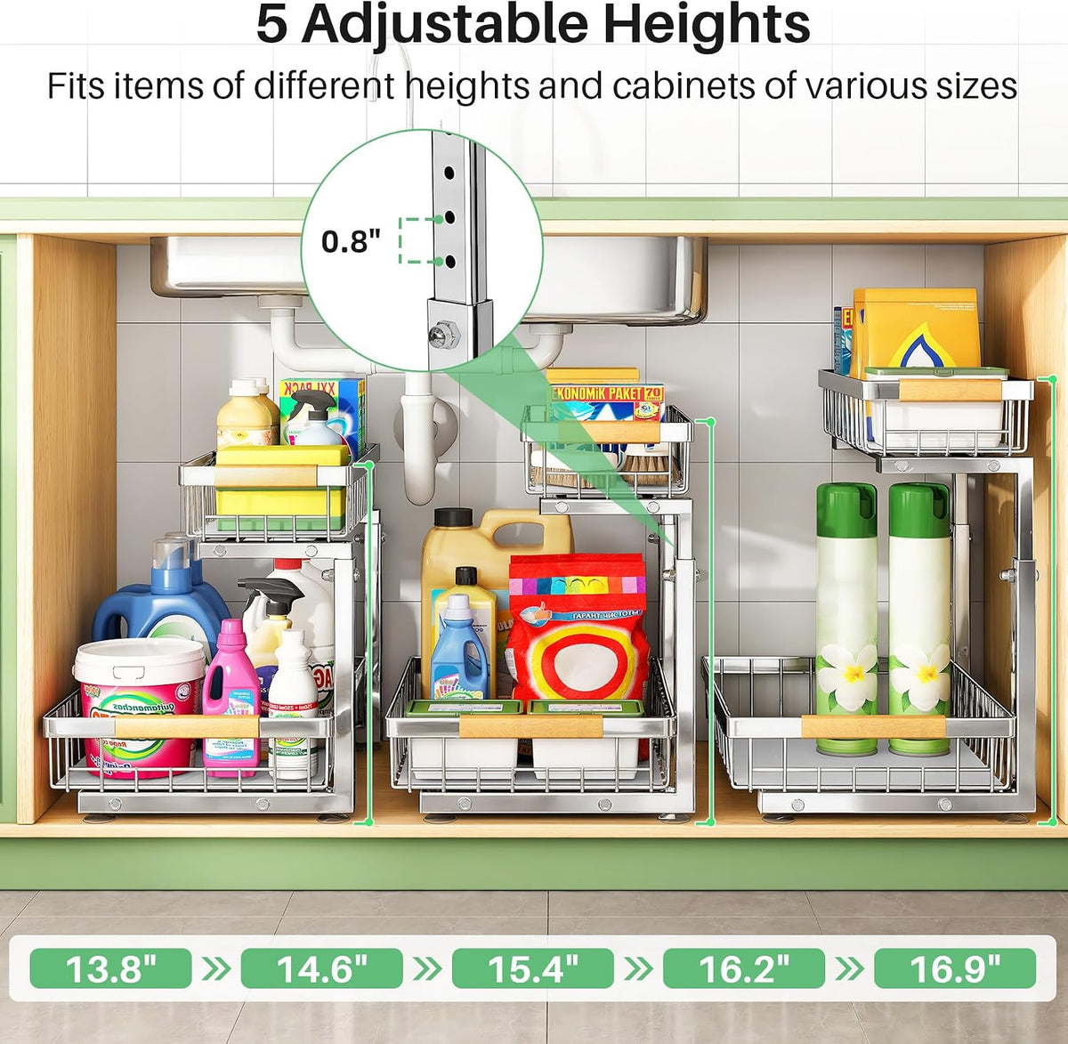 Kitstorack Under Sink Organizer, 2 Tier Under the Sink Storage, Slide out Pull out Cabinet Organizer Shelf, Metal Sliding Drawer for Kitchen Bathroom Pantry Closet Organization Rack, Silver, 2 Pack