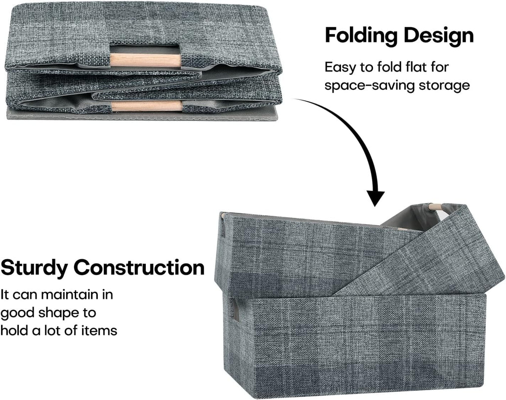 Fabric Storage Box, 15x11in Foldable Cotton Linen Basket with Wooden Handle