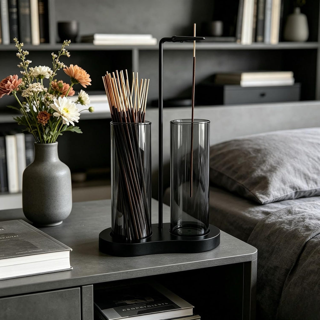 Gray Glass Incense Holder, Black Incense Sticks Burner Holder with Storage,Hang Upside Down Incense Holder for Sticks with Glass Ash Catcher for Meditation Yoga Spa Room Decor (Gray)