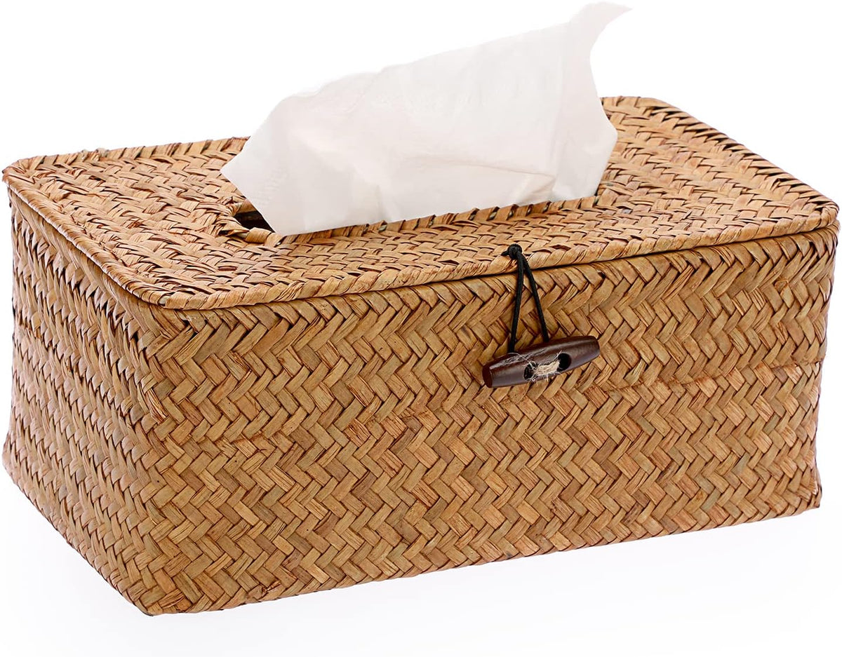 Sumnacon Tissue Box Cover Rectangle Seagrass Tissue Box Holder, Caramel,M
